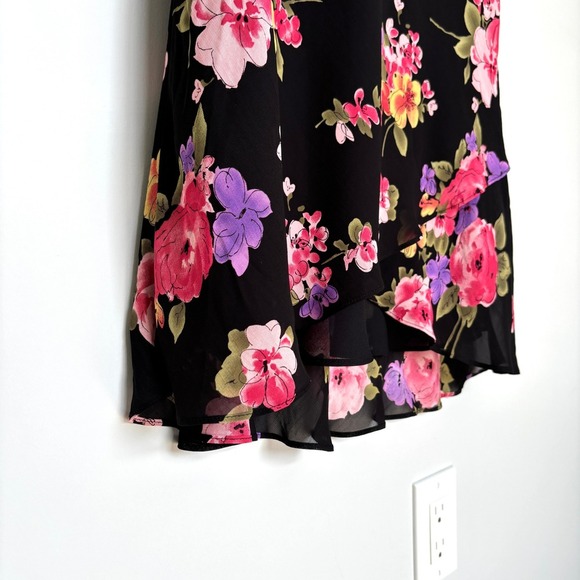 Talbots Size 8 Floral Dress Black Pink Midi Cap Sleeve Lunch Date Church Dress - Picture 7 of 15